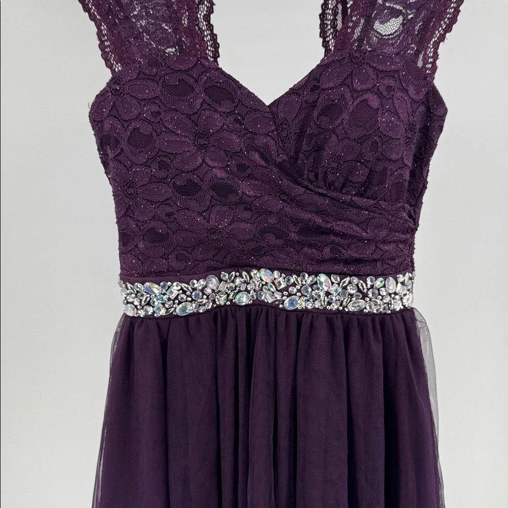 Deb Plum Purple Mini Dress lace tulle rhinestones open back 5 formal HOCO party